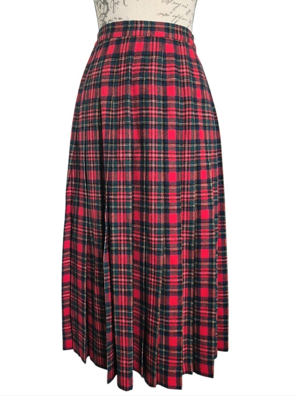 Vintage Pendleton 100% virgin Wool Red Plaid Pleated Tartan Midi Skirt 4 Preppy